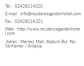 Residence Garden Hotel iletiim bilgileri